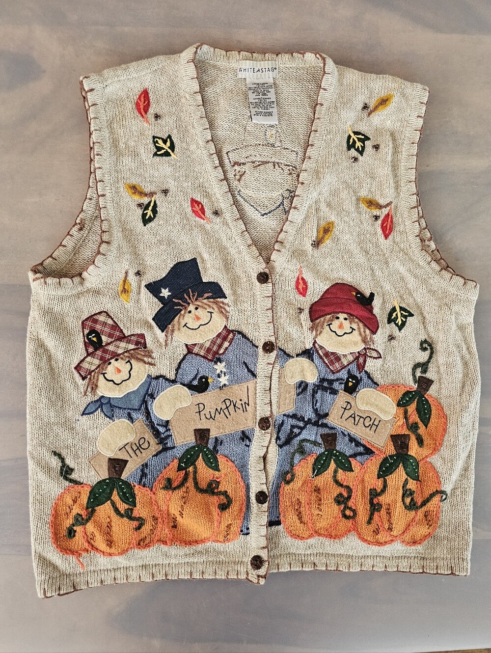 Vtg White Stag Sweater Vest Halloween Fall Pumpkin Patch Embroidered Women Large